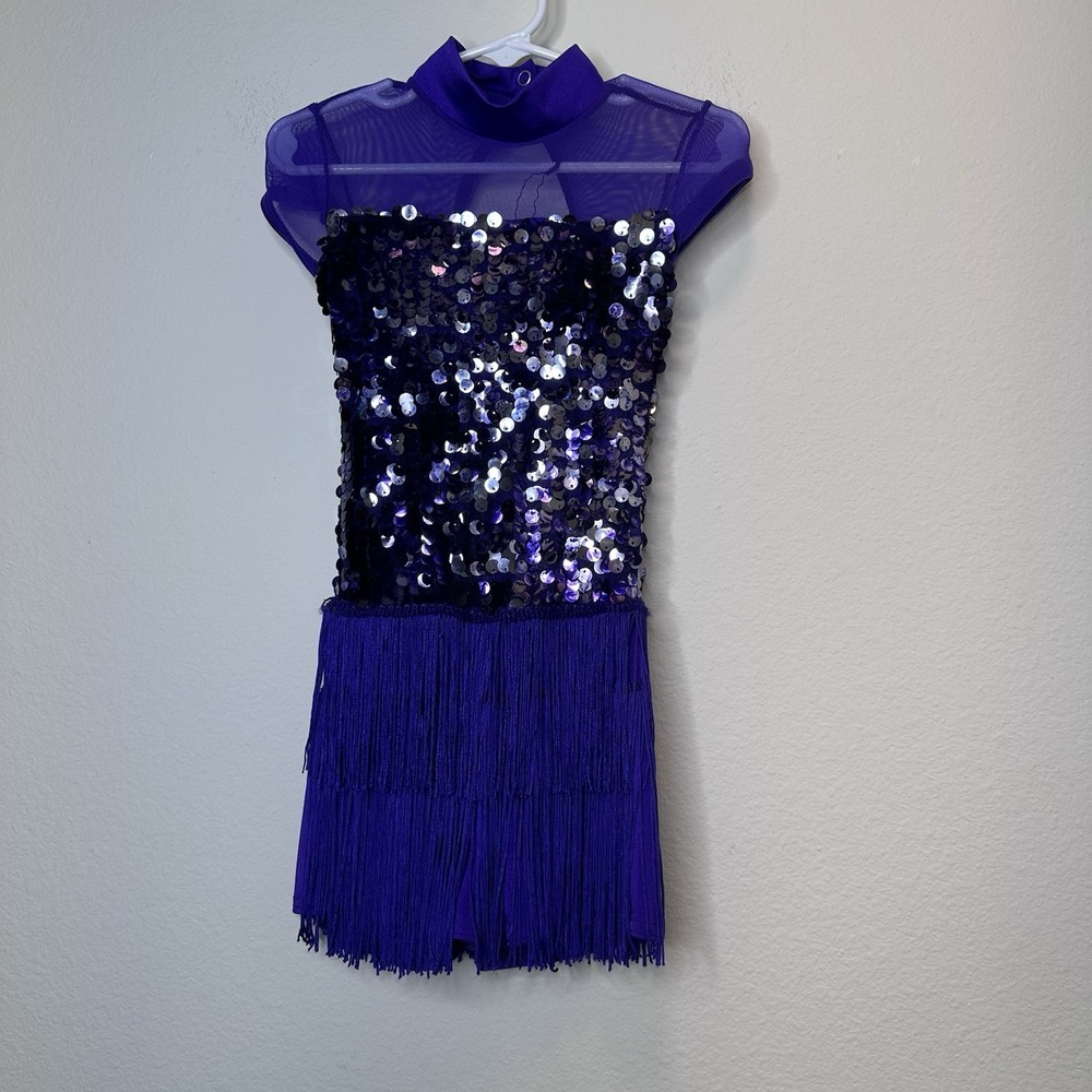 Weissman Girls Dance Costume Jazz Outfit Fringe Sequins 20s Flapper Purple Sz SC